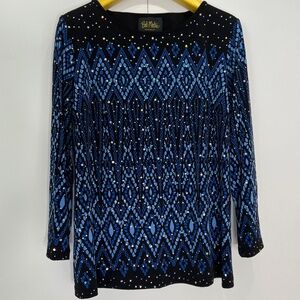Bob Mackie blue long sleeve top with a geometric pattern with sequin details